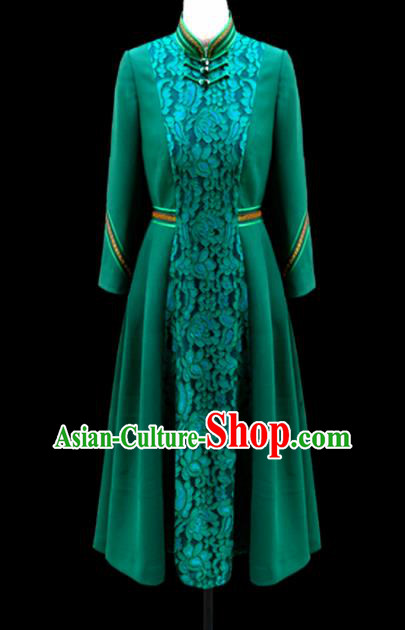 Traditional Chinese Mongol Ethnic National Deep Green Lace Dress Mongolian Minority Folk Dance Costume for Women