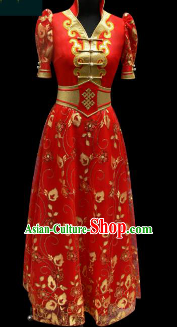 Traditional Chinese Mongol Ethnic National Red Dress Mongolian Minority Folk Dance Costume for Women