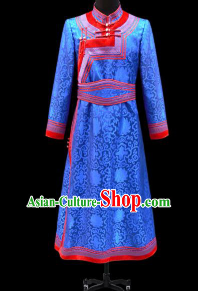 Chinese Traditional Mongol Ethnic National Blue Brocade Robe Mongolian Minority Folk Dance Costume for Men