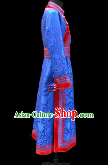 Chinese Traditional Mongol Ethnic National Blue Brocade Robe Mongolian Minority Folk Dance Costume for Men