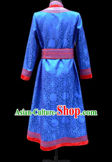 Chinese Traditional Mongol Ethnic National Blue Brocade Robe Mongolian Minority Folk Dance Costume for Men