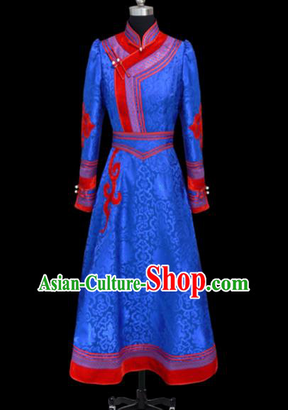 Traditional Chinese Mongol Ethnic National Royalblue Brocade Dress Mongolian Minority Folk Dance Costume for Women