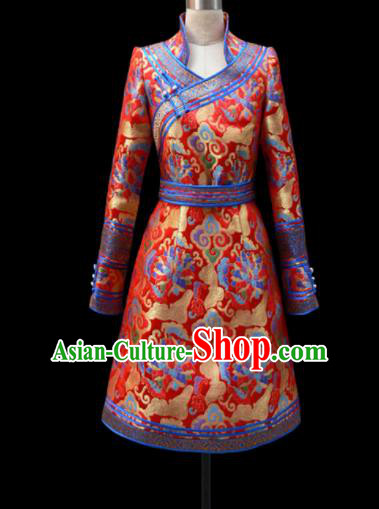 Traditional Chinese Mongol Ethnic National Red Brocade Dress Mongolian Minority Folk Dance Costume for Women