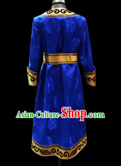 Chinese Traditional Mongol Ethnic National Royalblue Brocade Robe Mongolian Minority Folk Dance Costume for Men