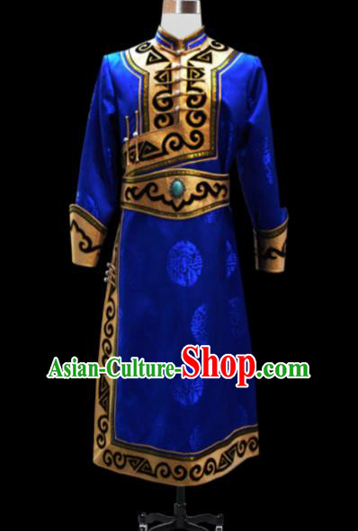 Chinese Traditional Mongol Ethnic National Royalblue Brocade Robe Mongolian Minority Folk Dance Costume for Men