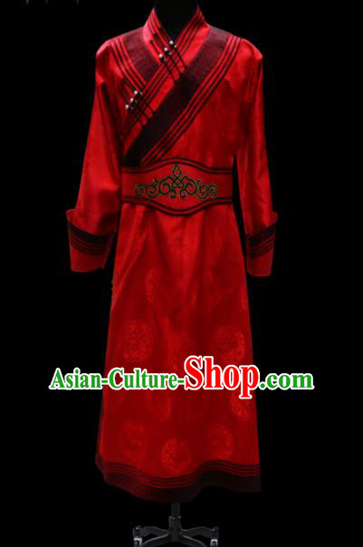 Chinese Traditional Mongol Ethnic National Red Brocade Robe Mongolian Minority Folk Dance Costume for Men