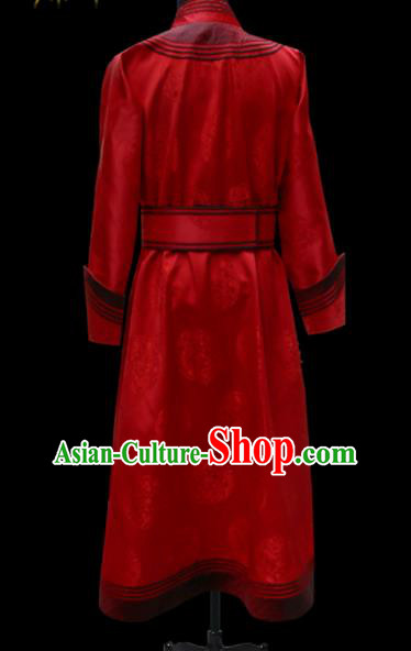 Chinese Traditional Mongol Ethnic National Red Brocade Robe Mongolian Minority Folk Dance Costume for Men