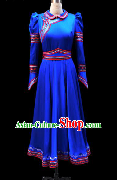 Traditional Chinese Mongol Ethnic National Royalblue Silk Dress Mongolian Minority Folk Dance Costume for Women