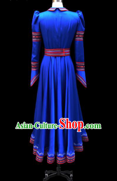 Traditional Chinese Mongol Ethnic National Royalblue Silk Dress Mongolian Minority Folk Dance Costume for Women