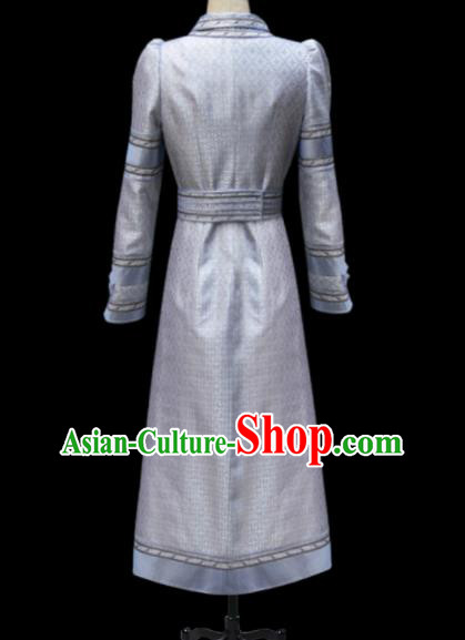 Traditional Chinese Mongol Ethnic National Grey Silk Dress Mongolian Minority Folk Dance Costume for Women