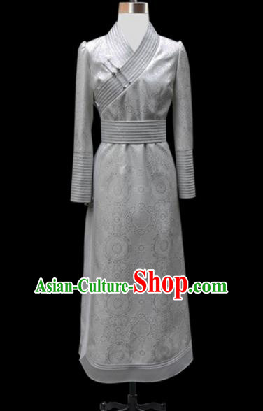 Traditional Chinese Mongol Ethnic National Grey Dress Mongolian Minority Folk Dance Costume for Women