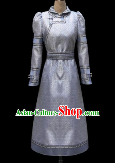 Traditional Chinese Mongol Ethnic National Grey Silk Dress Mongolian Minority Folk Dance Costume for Women