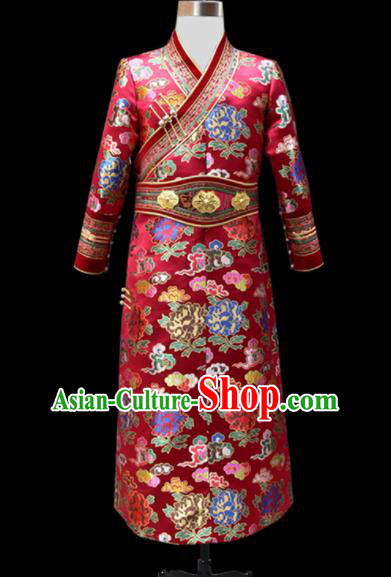 Chinese Traditional Mongol Ethnic Wedding Red Brocade Robe Mongolian Minority National Folk Dance Costume for Men