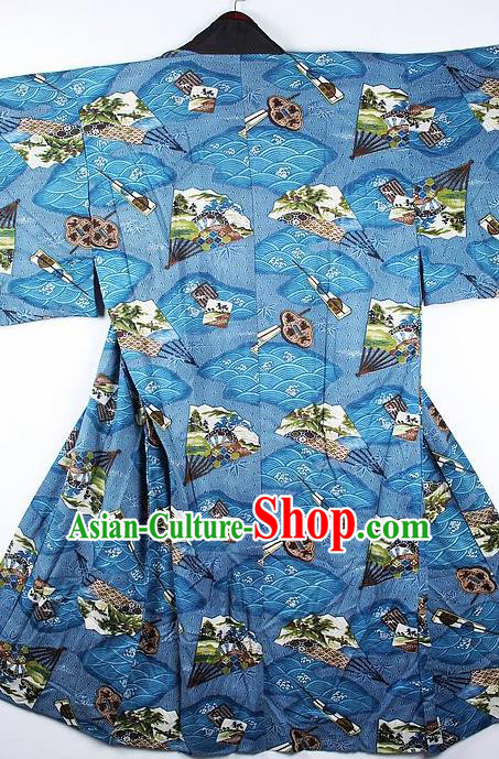 Japanese Traditional Printing Fans Blue Kimono Asian Japan National Costume for Men