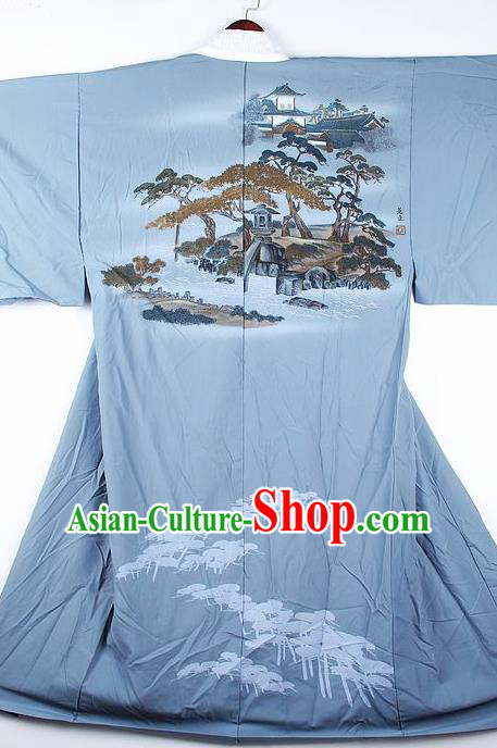 Japanese Traditional Printing Pine Blue Kimono Asian Japan National Yukata Costume for Men