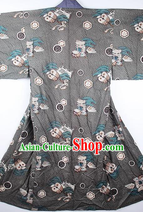 Japanese Traditional Printing Sakura Grey Kimono Asian Japan National Yukata Costume for Men