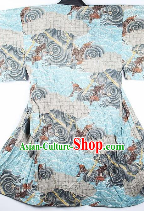 Japanese Traditional Printing Dragon Light Blue Kimono Asian Japan National Yukata Costume for Men