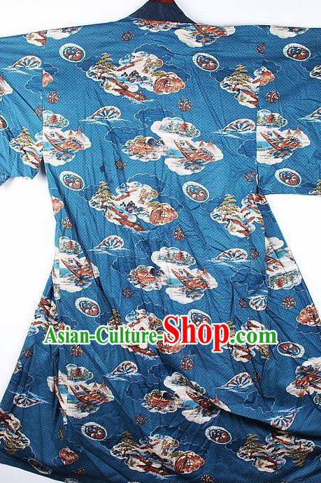 Japanese Traditional Printing Blue Kimono Asian Japan National Yukata Costume for Men
