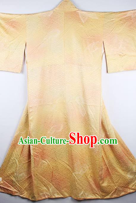 Japanese Traditional Yellow Furisode Kimono Asian Japan National Yukata Dress Costume for Women