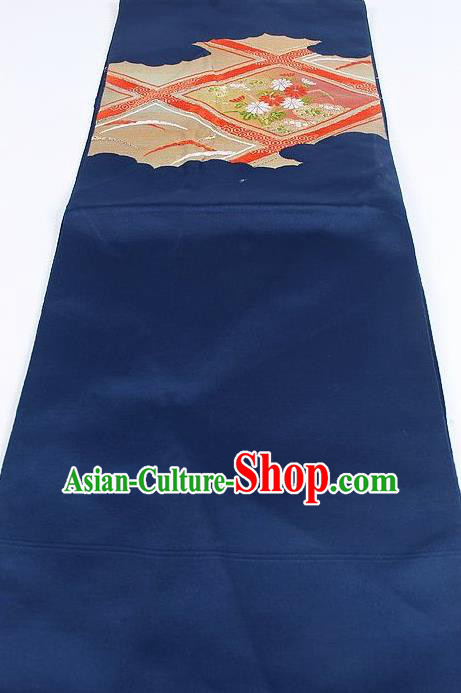 Japanese Traditional Kimono Classical Daisy Pattern Navy Brocade Belt Asian Japan National Yukata Waistband for Women