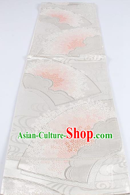 Japanese Traditional Kimono Classical Sakura Pattern White Brocade Belt Asian Japan National Yukata Waistband for Women