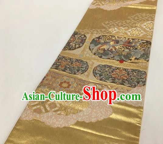 Japanese Traditional Kimono Classical Flowers Bird Pattern Golden Brocade Belt Asian Japan National Yukata Waistband for Women