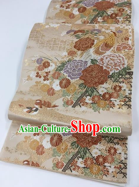 Japanese Traditional Kimono Classical Peony Pattern Golden Brocade Belt Asian Japan National Yukata Waistband for Women