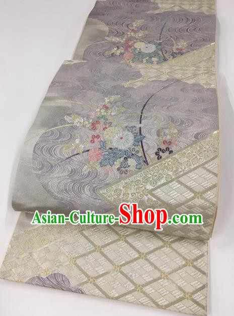 Japanese Kimono Classical Chrysanthemum Pattern White Brocade Belt Asian Japan Traditional National Yukata Waistband for Women