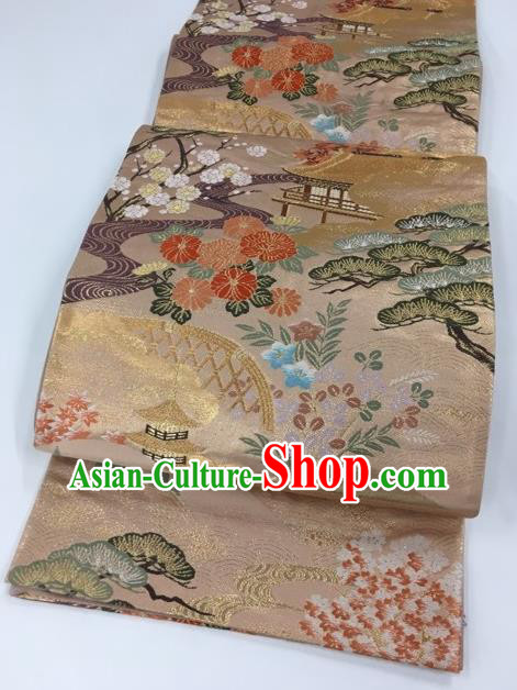 Japanese Kimono Classical Chrysanthemum Pattern Champagne Brocade Belt Asian Japan Traditional National Yukata Waistband for Women