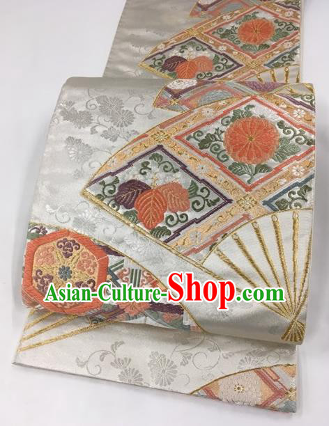 Japanese Kimono Classical Chrysanthemum Pattern Argent Brocade Belt Asian Japan Traditional National Yukata Waistband for Women