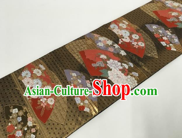 Japanese Kimono Classical Chrysanthemum Fan Pattern Brown Brocade Belt Asian Japan Traditional National Yukata Waistband for Women