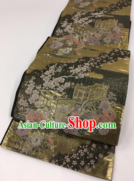 Japanese Kimono Classical Plum Peony Pattern Brocade Belt Asian Japan Traditional National Yukata Waistband for Women