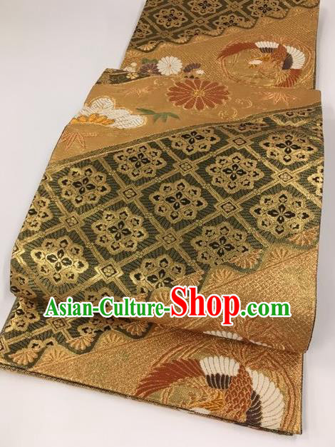 Japanese Kimono Classical Crane Chrysanthemum Pattern Bronze Brocade Belt Asian Japan Traditional National Yukata Waistband for Women