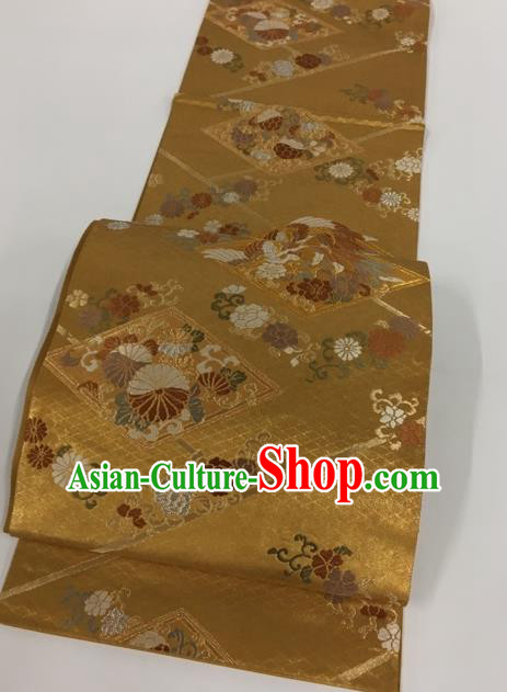 Japanese Kimono Classical Chrysanthemum Peony Pattern Golden Brocade Belt Asian Japan Traditional National Yukata Waistband for Women