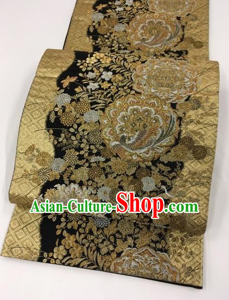 Japanese Kimono Classical Phoenix Peony Pattern Golden Brocade Belt Asian Japan Traditional National Yukata Waistband for Women