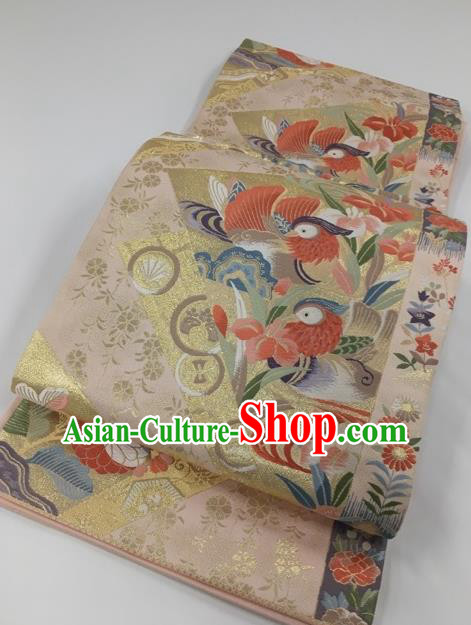 Japanese Kimono Classical Mandarin Duck Pattern Pink Brocade Belt Asian Japan Traditional National Yukata Waistband for Women