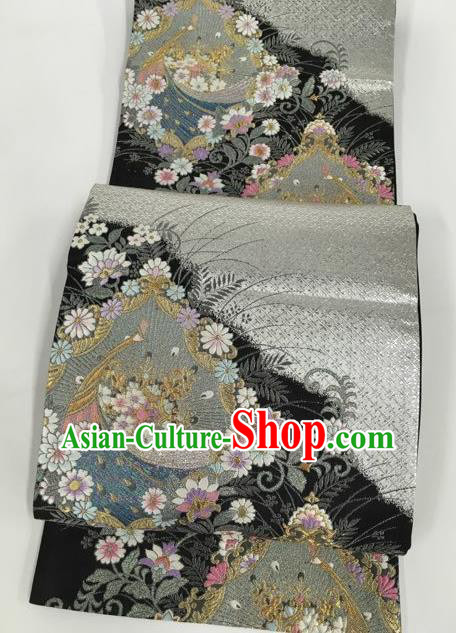 Japanese Kimono Classical Orchid Pattern Black Brocade Belt Asian Japan Traditional National Yukata Waistband for Women