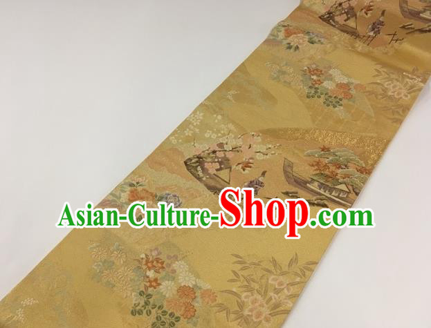 Japanese Kimono Classical Plum Chrysanthemum Pattern Golden Brocade Belt Asian Japan Traditional National Yukata Waistband for Women