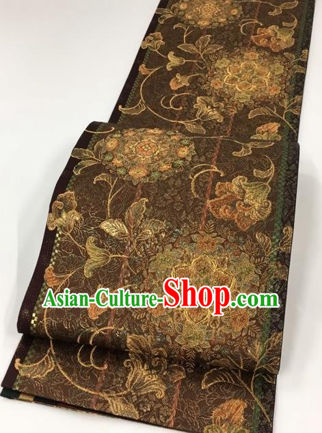 Japanese Kimono Classical Pattern Brown Brocade Belt Asian Japan Traditional National Yukata Waistband for Women