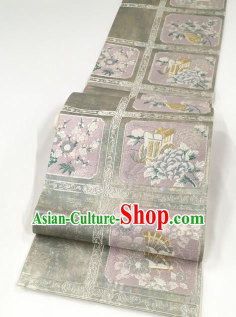 Japanese Kimono Classical Plum Peony Pattern Light Grey Brocade Belt Asian Japan Traditional National Yukata Waistband for Women