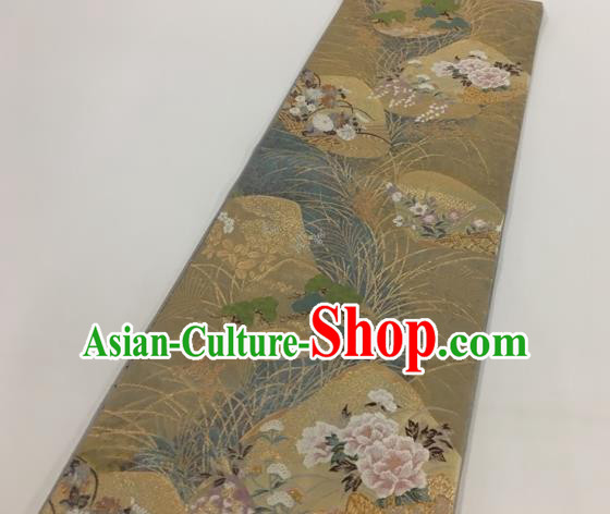 Japanese Kimono Classical Peony Pattern Khaki Brocade Belt Asian Japan Traditional National Yukata Waistband for Women