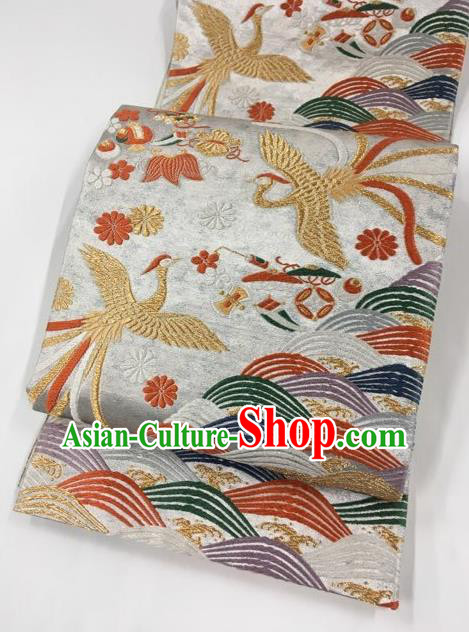 Japanese Kimono Classical Phoenix Pattern White Brocade Belt Asian Japan Traditional National Yukata Waistband for Women