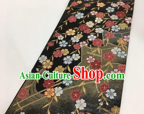 Japanese Kimono Classical Sakura Pattern Black Brocade Belt Asian Japan Traditional National Yukata Waistband for Women