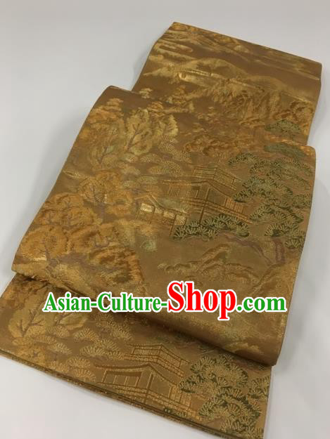 Japanese Kimono Classical Palace Pattern Golden Brocade Belt Asian Japan Traditional National Yukata Waistband for Women