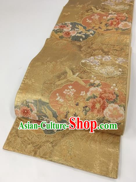 Japanese Kimono Classical Peony Birds Pattern Golden Brocade Belt Asian Japan Traditional National Yukata Waistband for Women