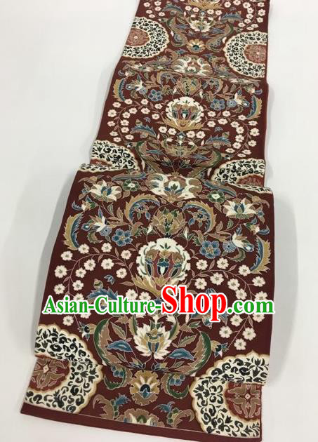 Japanese Kimono Classical Pattern Purplish Red Brocade Belt Asian Japan Traditional National Yukata Waistband for Women