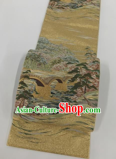Japanese Kimono Classical Bridge Pattern Golden Brocade Belt Asian Japan Traditional National Yukata Waistband for Women
