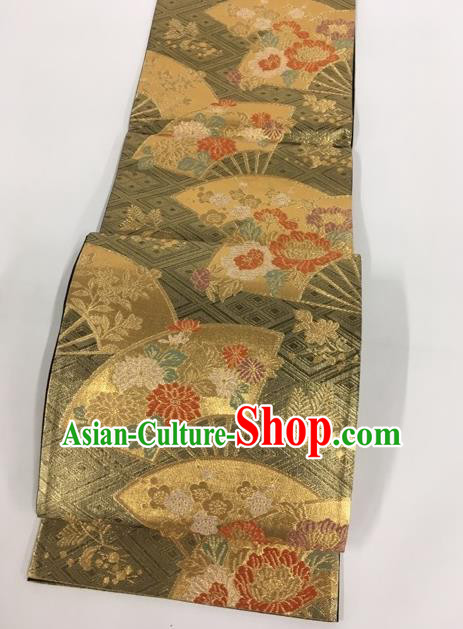 Japanese Kimono Classical Peony Fan Pattern Olive Green Brocade Belt Asian Japan Traditional National Yukata Waistband for Women