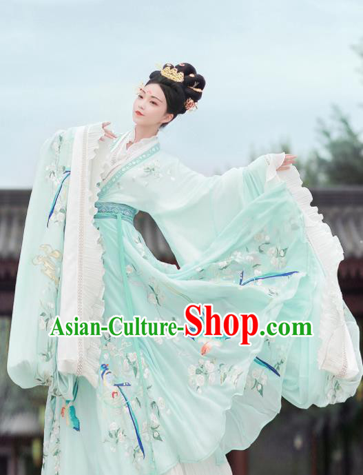 Ancient Chinese Jin Dynasty Embroidered Replica Costume Traditional Imperial Consort Goddess Green Hanfu Dress for Women