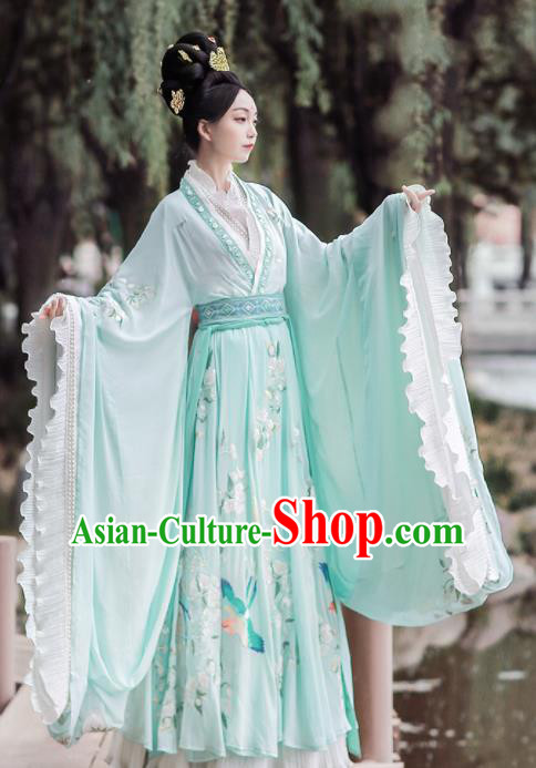 Ancient Chinese Jin Dynasty Embroidered Replica Costume Traditional Imperial Consort Goddess Green Hanfu Dress for Women